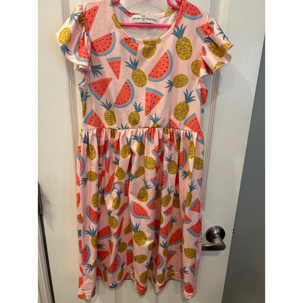 Adorable Sweetness Girls Fruit Print Flutter Sleeve Dress 10 Watermelon k7002